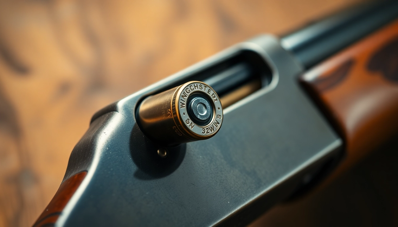 Detailed shot of a 32WIN cartridge and classic Winchester rifle in rich, warm lighting, emphasizing craftsmanship and historical appeal.