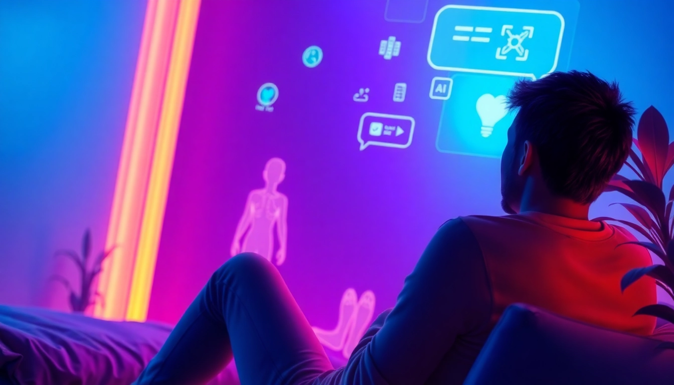 Illustration of a futuristic AI chat interface with a person chatting with an ethereal AI avatar.