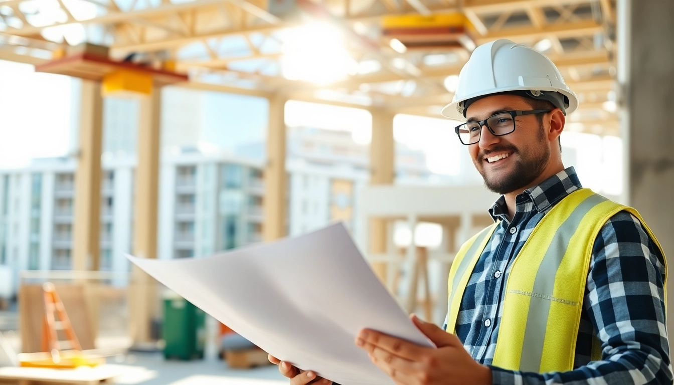 Experienced contractor inspecting project plans on a busy construction site with safety gear for accessible, high-quality work.
