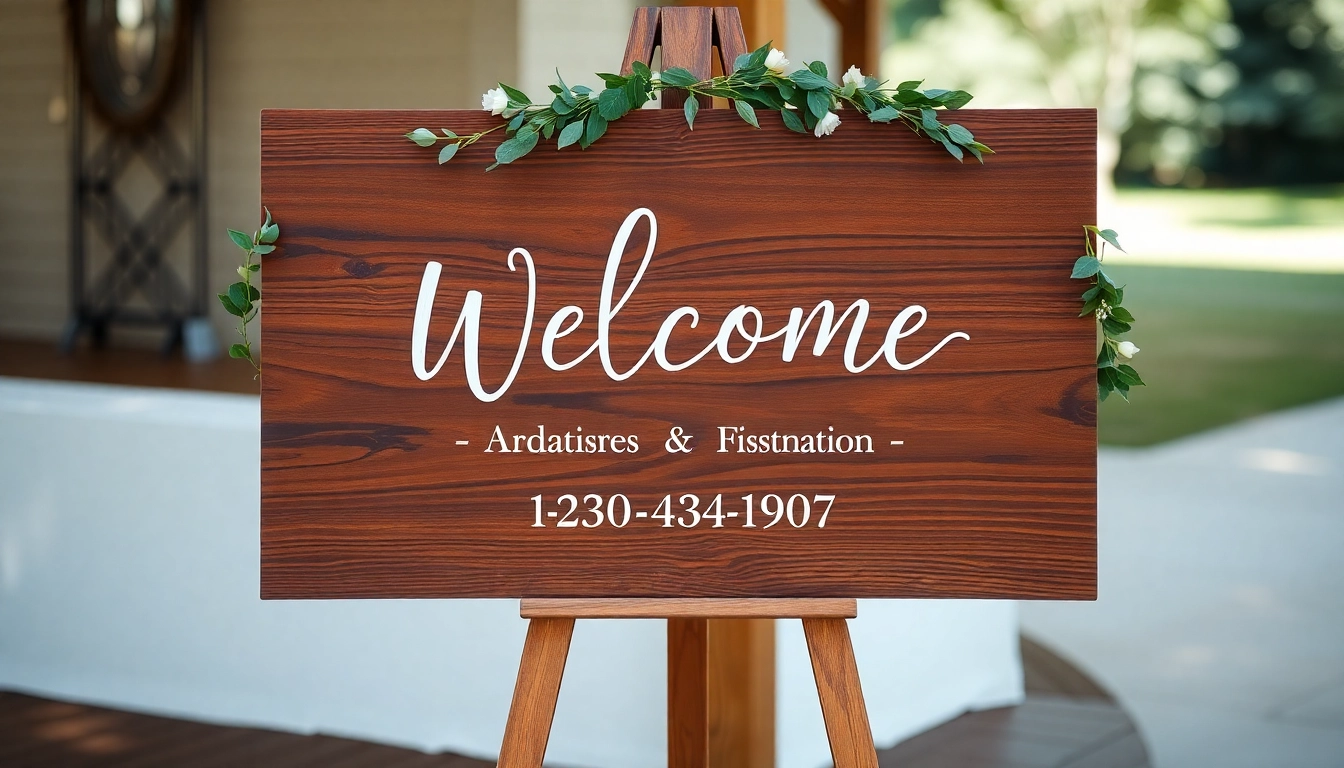 Stylish wedding welcome sign with personalized calligraphy, greenery, and soft lighting enhances guest arrival experience.