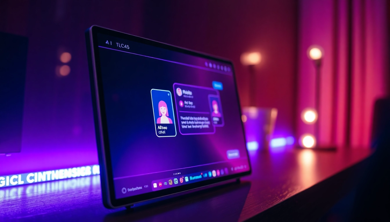 Futuristic digital chat interface with neon accents, representing AI porn chat environment.