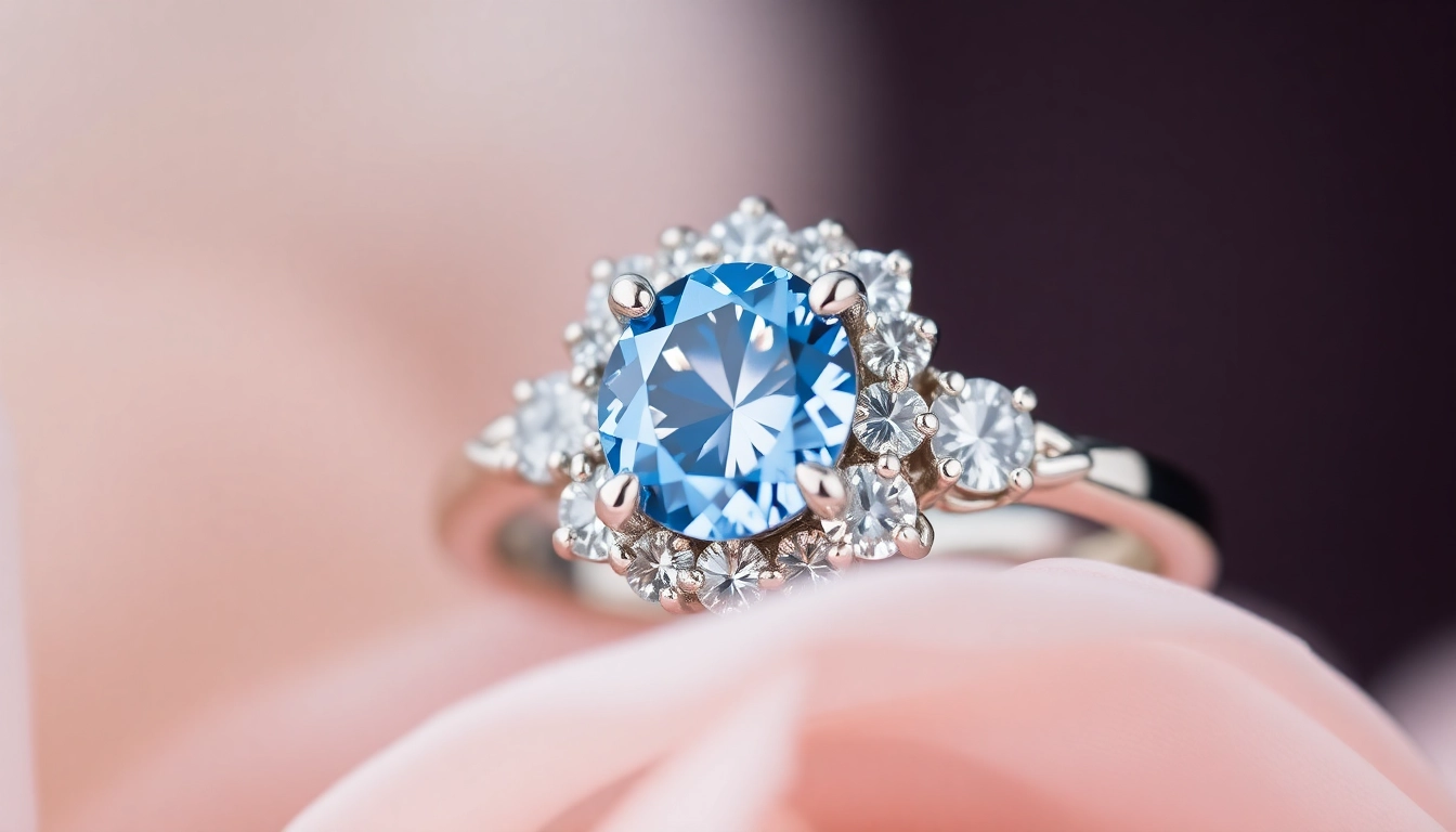 Engagement ring with sapphire featuring a vibrant blue gemstone in a sleek platinum setting, perfect for proposal displays.
