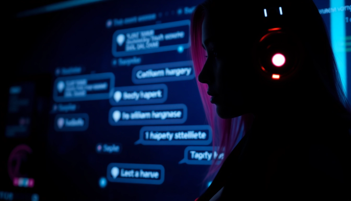 Engaging NSFW AI chatbot in a high-tech chat interface with neon highlights, inviting unfiltered adult conversations, sleek and futuristic design.