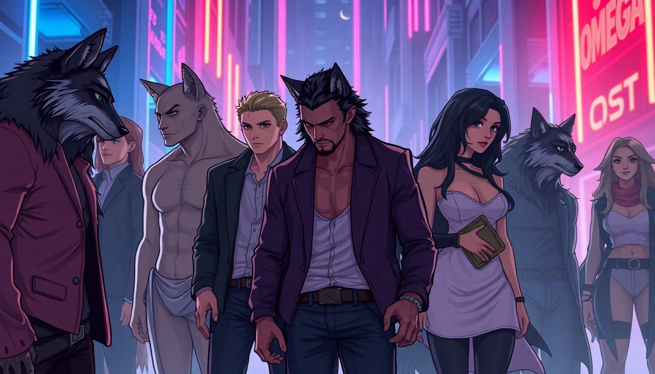 An artistic depiction of a modern Omegaverse society with diverse characters displaying dominance, neutrality, and submission in a futuristic urban setting.