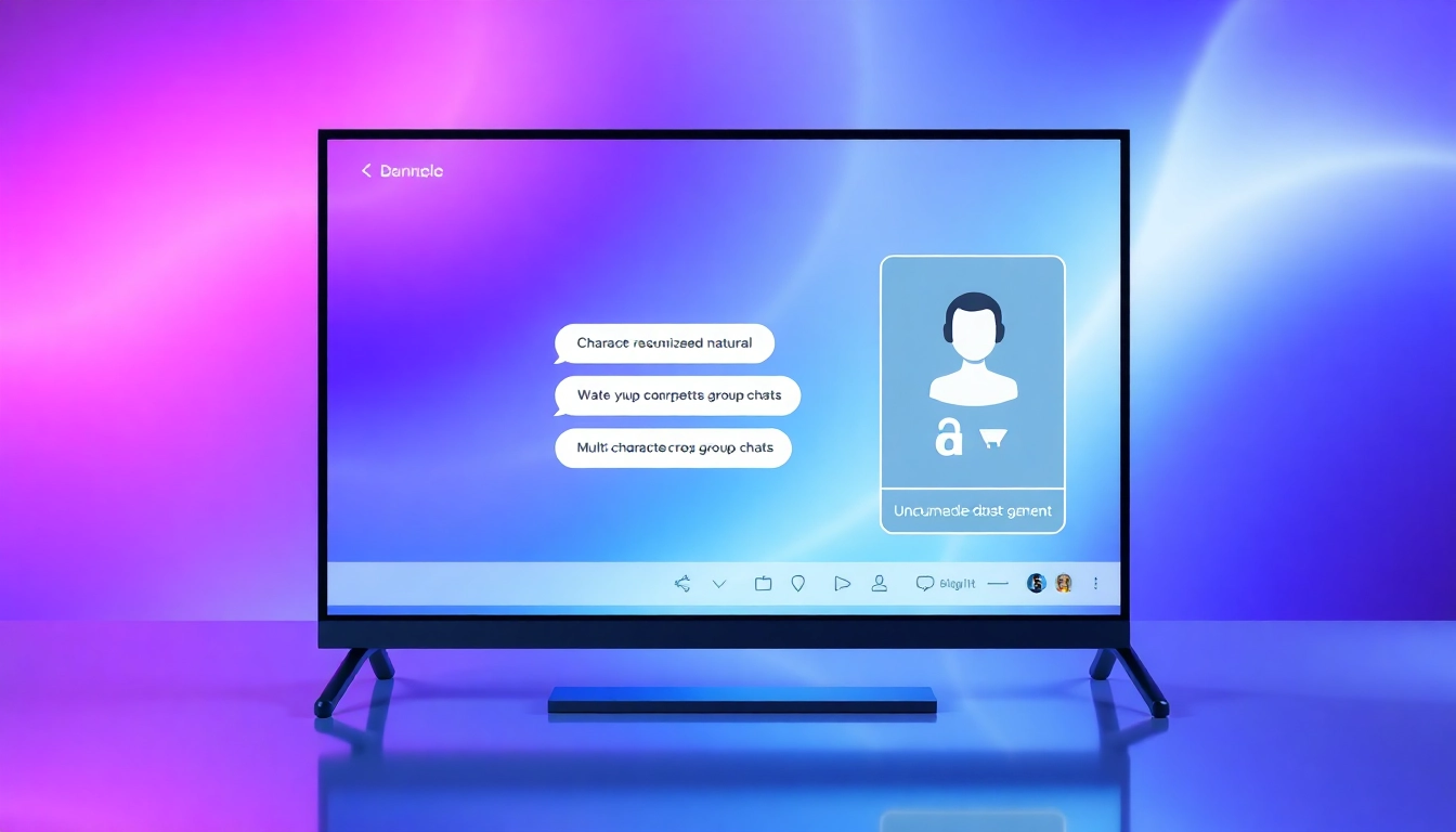 A futuristic chat interface with customizable AI characters on a high-tech screen, glowing with vibrant colors.