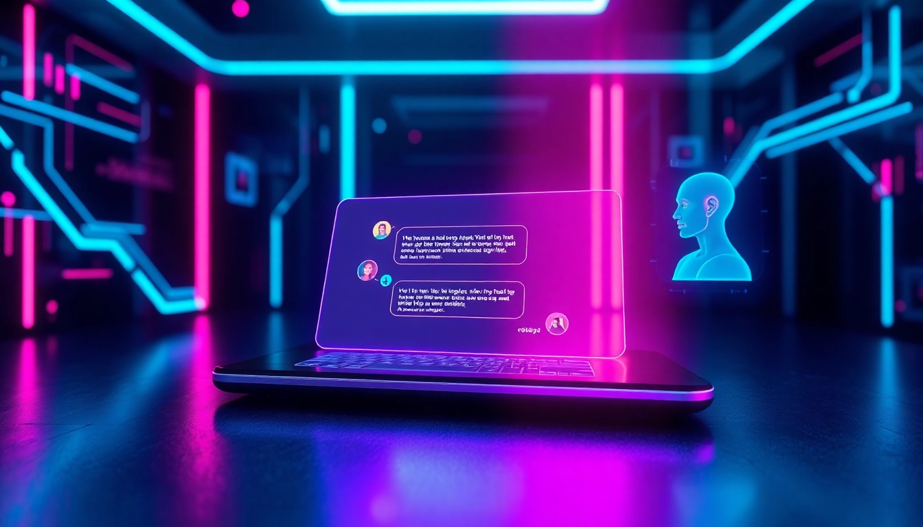 Futuristic AI chatbot interface with holographic data streams and vibrant colors