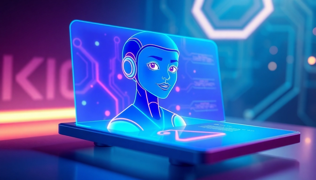 An illustration of a futuristic AI chatbot interface with a confident AI character glowing on a high-tech holographic screen.