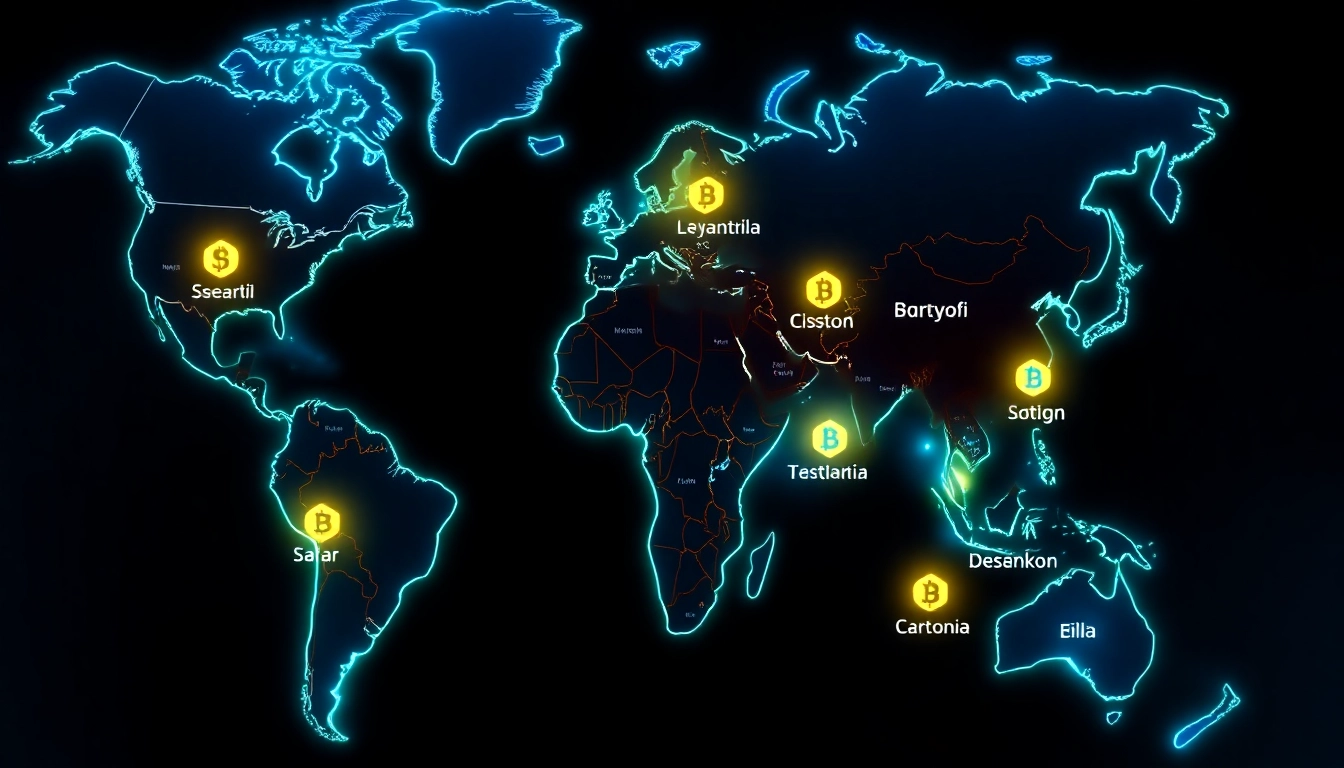 Crypto-friendly countries across the globe with vibrant digital overlays highlighting key regions for crypto investment and regulation.