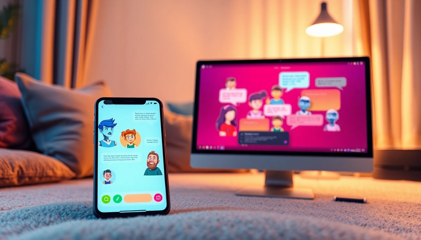 Illustration of AI characters chatting on devices in a cozy, modern room with warm lighting and colorful accents.