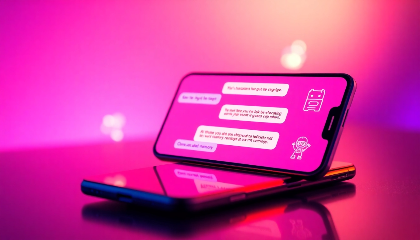 Smartphone displaying an engaging AI chat interface with vibrant neon background and floating icons of AI characters.