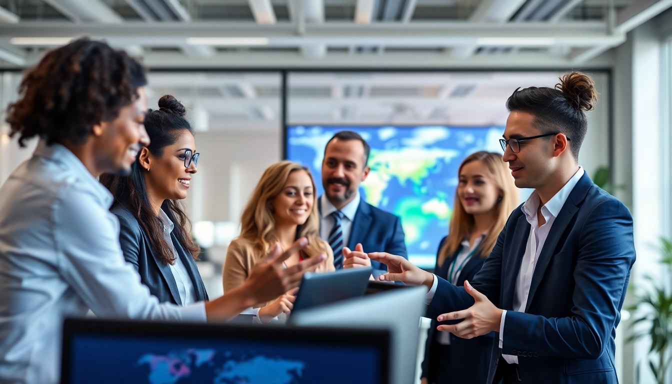Professional team analyzing digital strategy for international alliance globalization and
