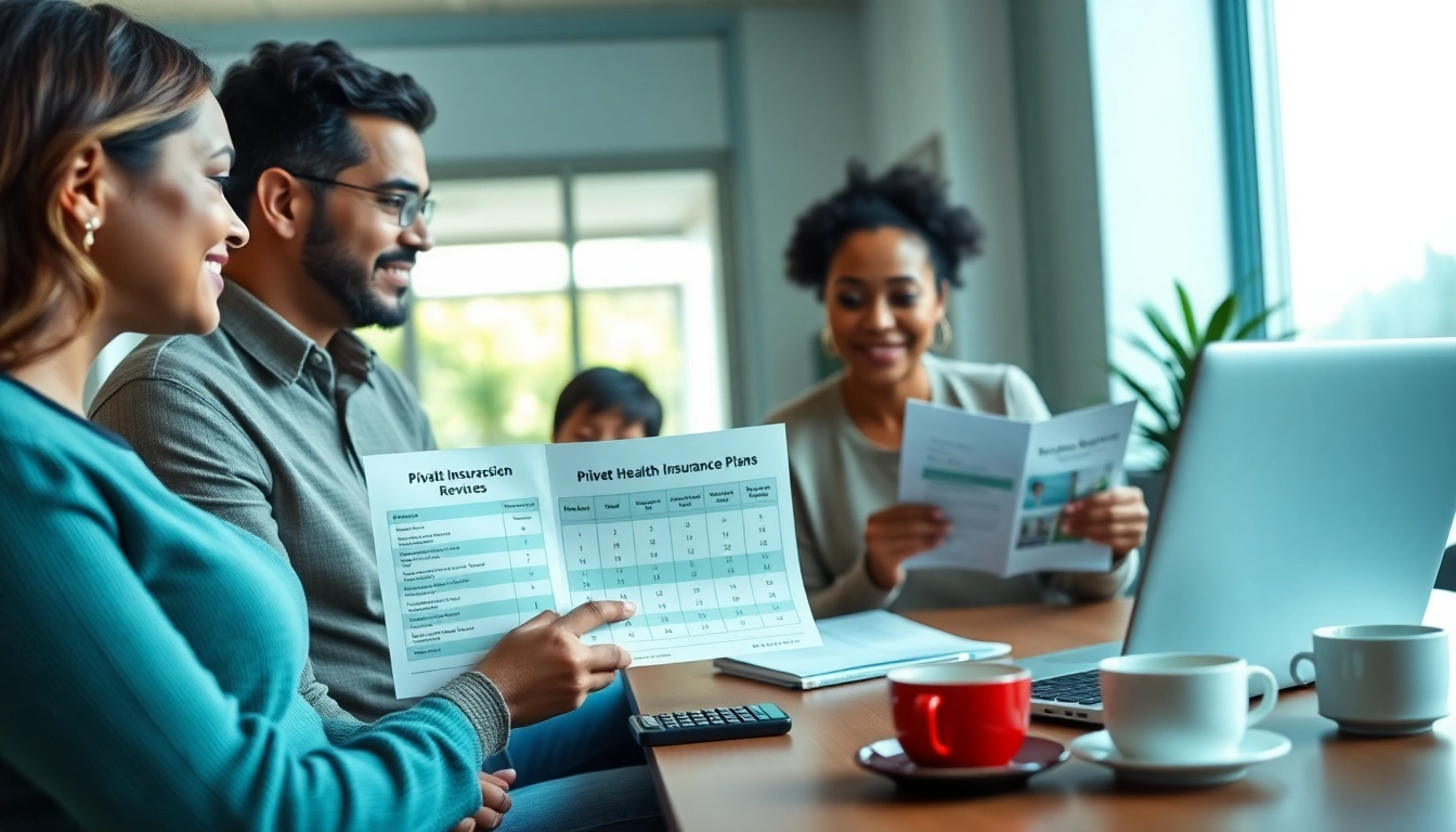 Private health insurance plans reviewed by a diverse family and advisor in a bright office.
