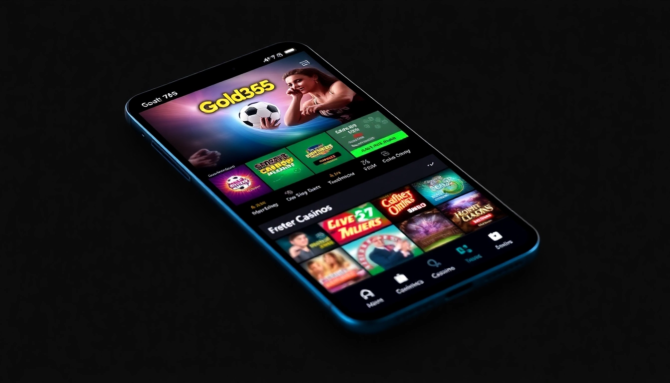The Gold365 app offering seamless online sports betting and casino gaming on a mobile device, emphasizing security and ease of use.