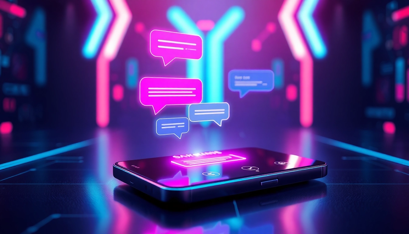 Futuristic chat interface with glowing text bubbles on a sleek device in a cyber-themed environment