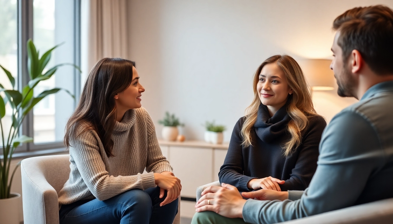 Terapia par Lublin: Intimate counseling session with a couple in a comfortable, welcoming office setting aimed at relationship healing.