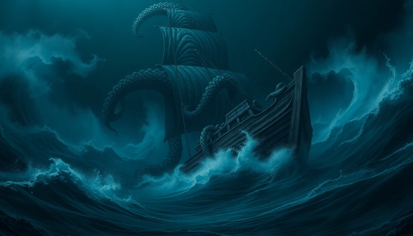 The kraken reveals a colossal tentacled monster emerging from dark ocean depths, emphasizing