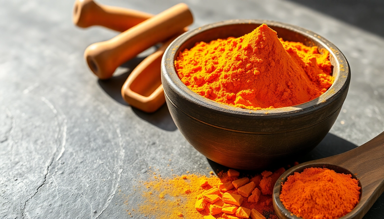 Bright turmeric powder showcased in a rustic bowl with mortar and pestle, highlighting natural