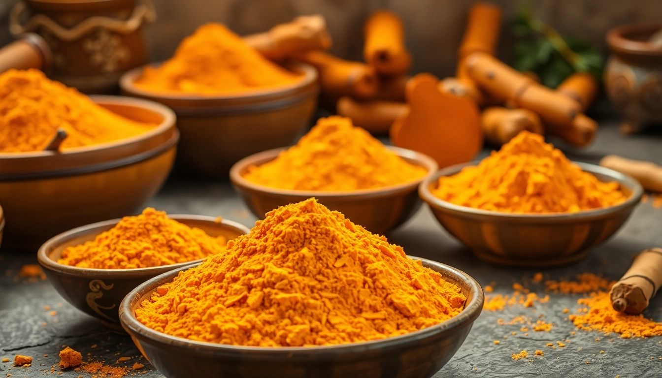 High-quality turmeric powder displayed in bowls, highlighting its rich color and texture, for